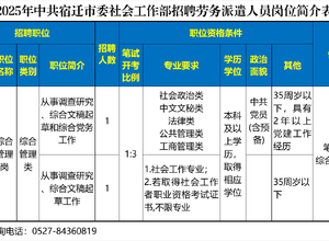 2025宿迁市委社会工作部公开招聘2名工作人员公告